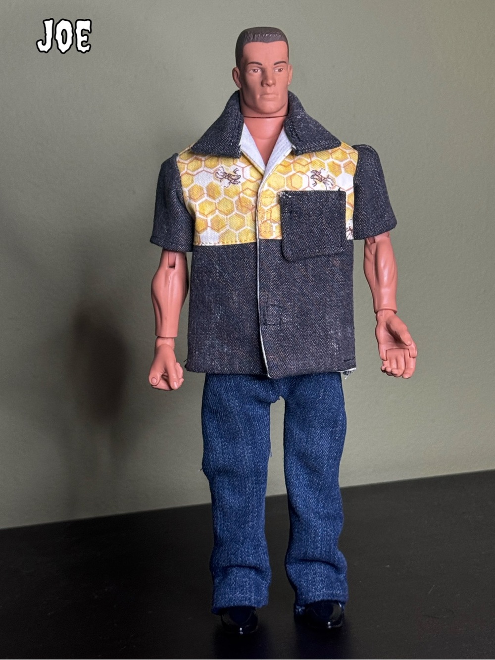 Handcrafted western style chambray doll shirt with honeycomb and bee print-OOAK - Picture 2 of 11